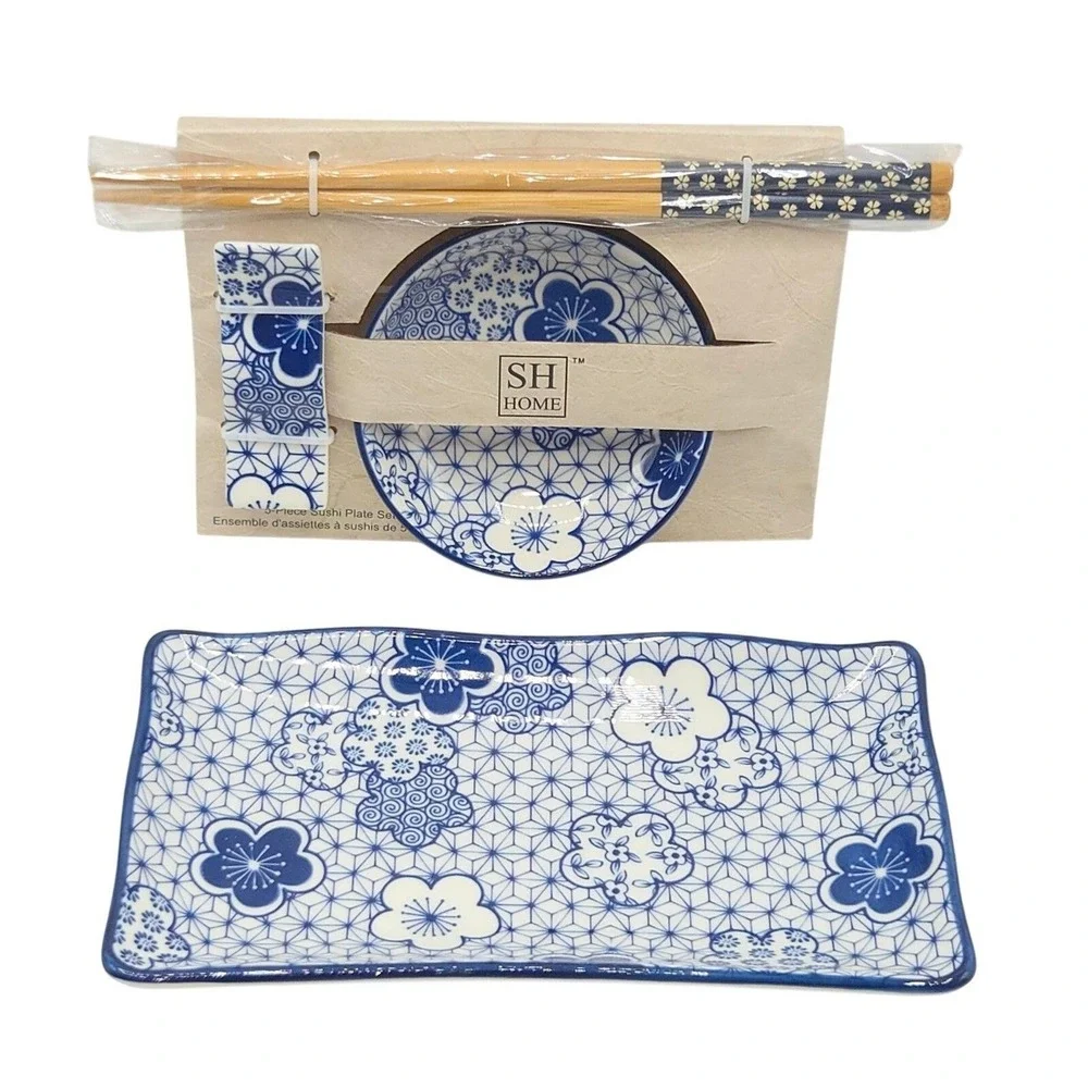 SH Home 5pc Floral Ceramic Sushi Plate Set 11